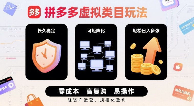 拼多多虚拟类目玩法，长久稳定，可矩阵化，轻松日入多张-网创百晓生