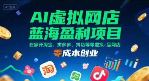 AI虚拟网店蓝海盈利项目，在家开淘宝、拼多多、抖店等虚拟品网店，零成本创业