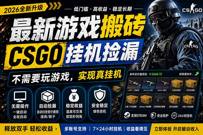 最新游戏搬砖，CSGO纯挂机，不需要玩游戏，实现真挂机，月入1W+，五一小高峰上车可吃肉，…-网创百晓生