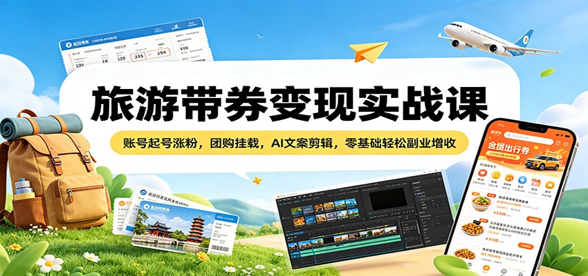旅游带券变现实战课：账号起号涨粉，团购挂载，AI文案剪辑，零基础轻松副业增收-网创百晓生