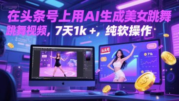 在头条号上用AI生成美女跳舞视频，7天1k+，纯软件操作