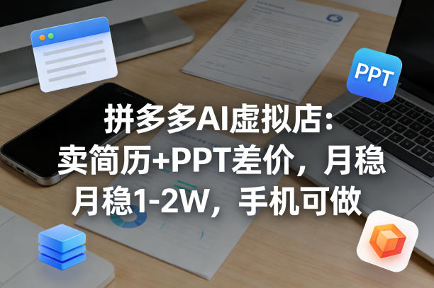 【暴力项目】拼多多AI虚拟店：卖简历+PPT差价，月稳1-2W，手机可做-网创百晓生