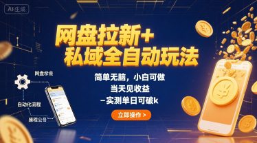 网盘拉新+私域全自动玩法，简单无脑，小白可做，当天见收益，实测单日可破k