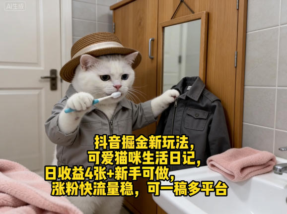 抖音掘金新玩法，可爱猫咪生活日记，日收益4张+新手可做，涨粉快流量稳，可一稿多平台-网创百晓生