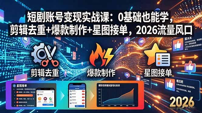 短剧账号变现实战课：0基础也能学，剪辑去重+爆款制作+星图接单，2026流量风口-网创百晓生