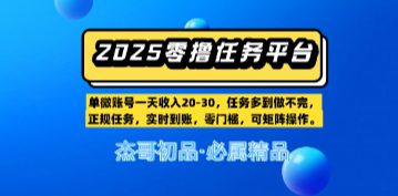 【零撸任务平台第二期】单账号一天收入20，任务多到做不完，实时到账，零门槛，可矩阵操作