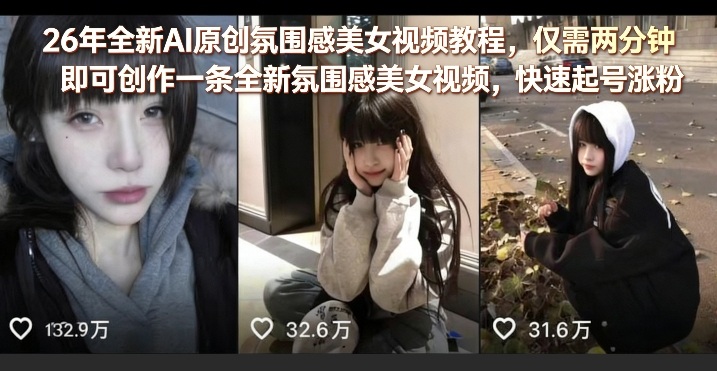 26年全新AI原创氛围感美女视频教程,仅需两分钟即可创作一条全新氛围感美女视频,快速起号涨粉-网创百晓生
