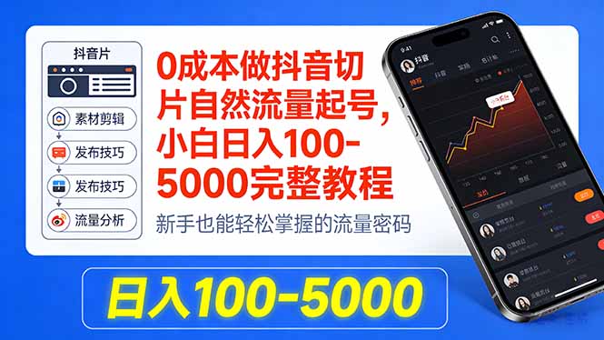 0成本做抖音切片自然流量起号，小白日入100-5000完整教程-网创百晓生