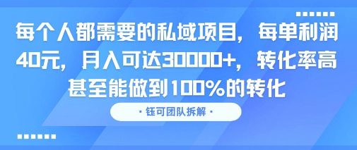 每个人都需要的私域项目，每单利润40米，月入可达3W+，转化率高 甚至能做到100%的转化