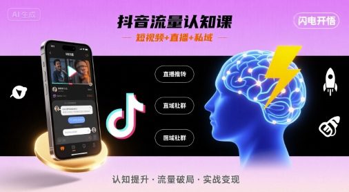 抖音流量认知课，短视频+直播+私域，认知提升，闪电开悟