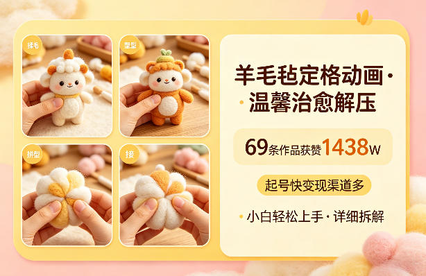 羊毛毡定格动画，温馨治愈解压，69条作品获赞1438W，起号快变现渠道多，小白轻松上手，详细拆解-网创百晓生