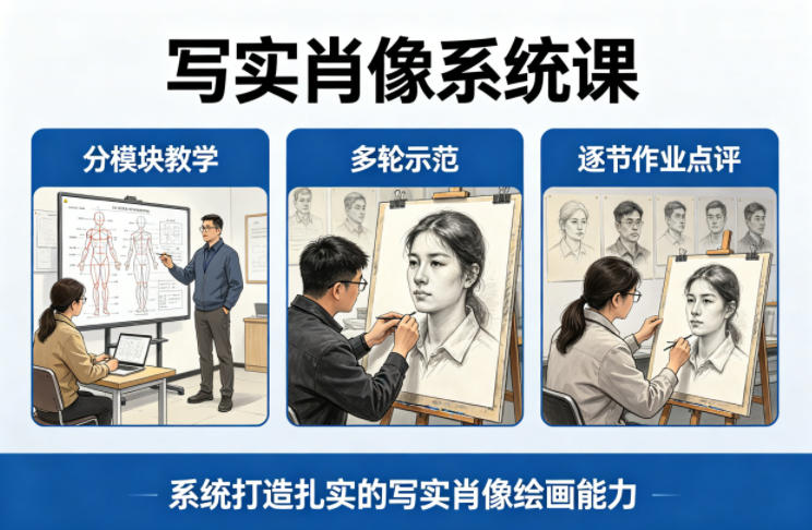 写实肖像系统课，全程分模块教学+多轮示范+逐节作业点评，系统打造扎实的写实肖像绘画能力-网创百晓生
