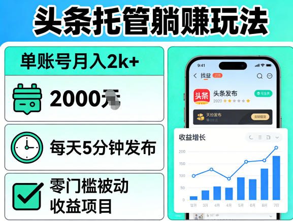 头条托管躺賺玩法，单账号月入2k+，每天5分钟发布即可，零门槛被动收益项目【揭秘】-网创百晓生