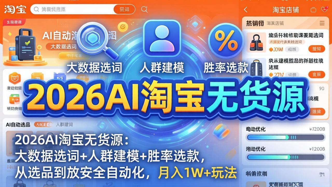 2026AI淘宝无货源-4月更新：大数据选词+人群建模+胜率选款，从选品到放大全自动化，月入1W+玩法-网创百晓生