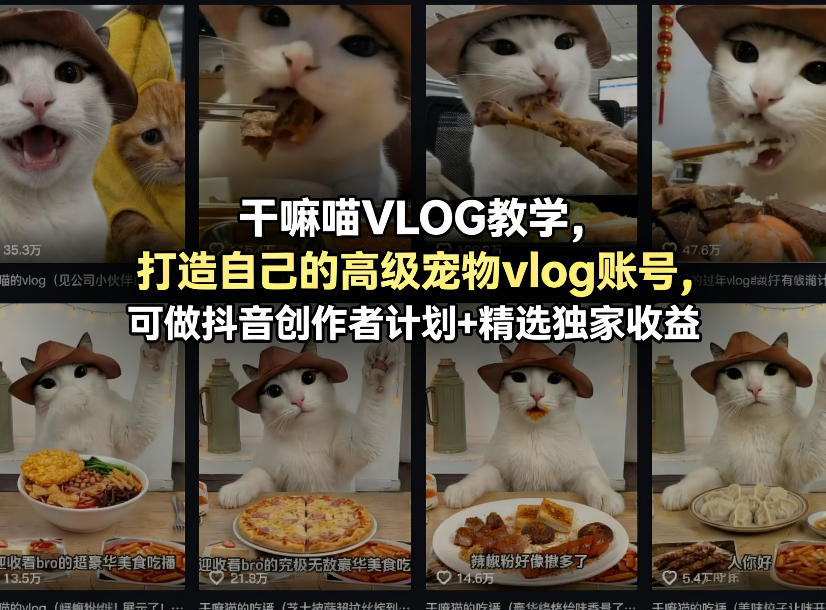 干嘛喵VLOG教学，打造自己的高级宠物vlog账号，可做抖音创作者计划+精选独家收益-网创百晓生