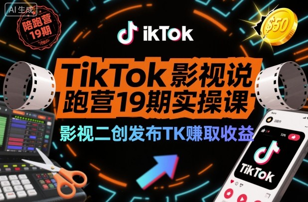 TikTok影视解说陪跑营19期实操课，影视二创发布TK賺取收益，万播收益50美金