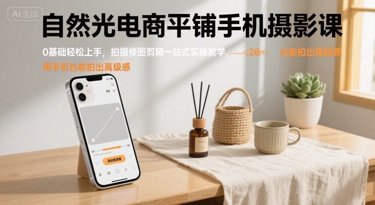 自然光电商平铺手机摄影课，0基础轻松上手，拍摄修图剪辑一站式实操教学，用手机也能拍出高级感