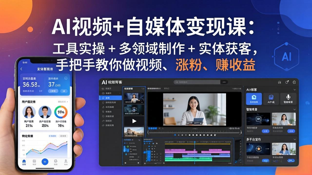 AI视频+自媒体变现课:工具实操 + 多领域制作 + 实体获客,手把手教你做视频、涨粉、赚收益-网创百晓生