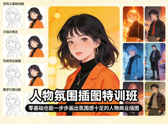 人物氛围插图特训班，零基础也能一步步画出氛围感十足的人物商业插图-网创百晓生