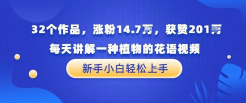 32个作品，涨粉14.7W，获赞201W，每天讲解一种植物的花语视频，无需任何技巧，新手小白轻松上手