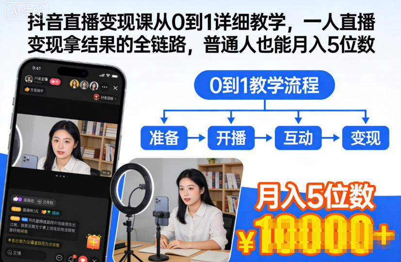 抖音直播变现课从0到1详细教学，一人直播变现拿结果的全链路，普通人也能月入5位数