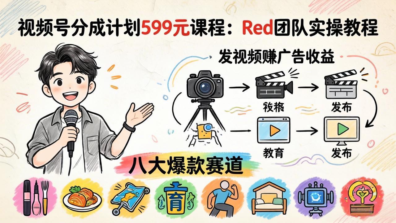 视频号分成计划599元课程：Red团队实操教程，发视频赚广告收益，八大爆款赛道全掌握-网创百晓生