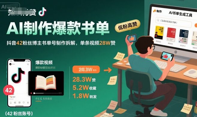 AI制作爆款书单，抖音42粉丝博主书单号制作拆解，单条视频28W赞